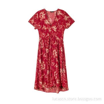 Women`s Summer Wrap V Neck Bohemian Floral Print Ruffle Swing Dress